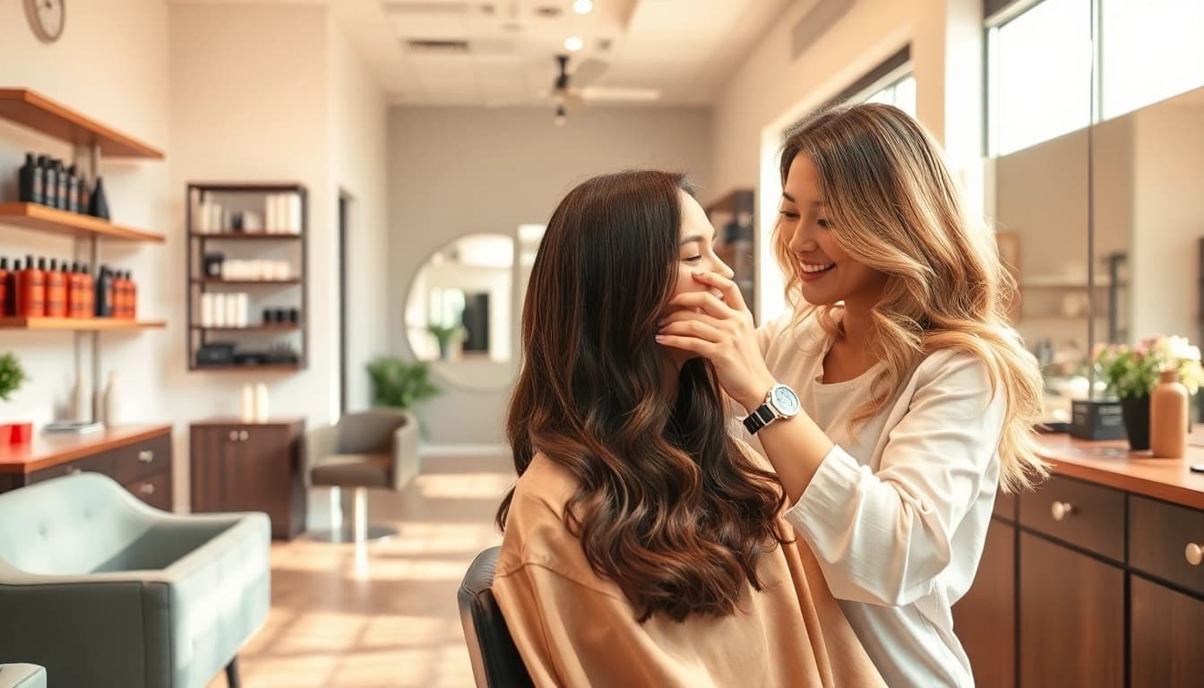 Modern salon scene featuring a stylist giving a perm in San Diego, showcasing professionalism and elegance.