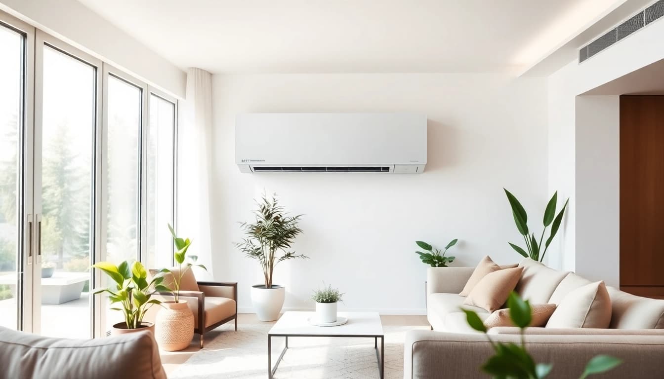 Optimize cooling with a Mitsubishi mini split AC in a modern living room, showcasing comfort and efficiency.
