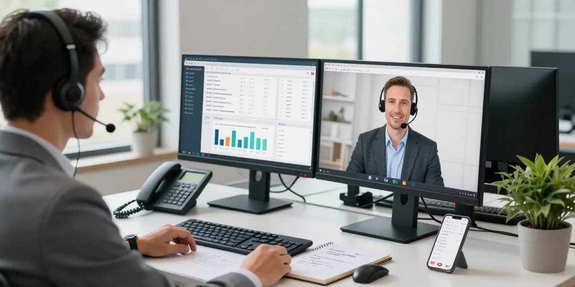Telecomshop.nl: Business professional in a modern office using a VoIP headset for virtual meetings