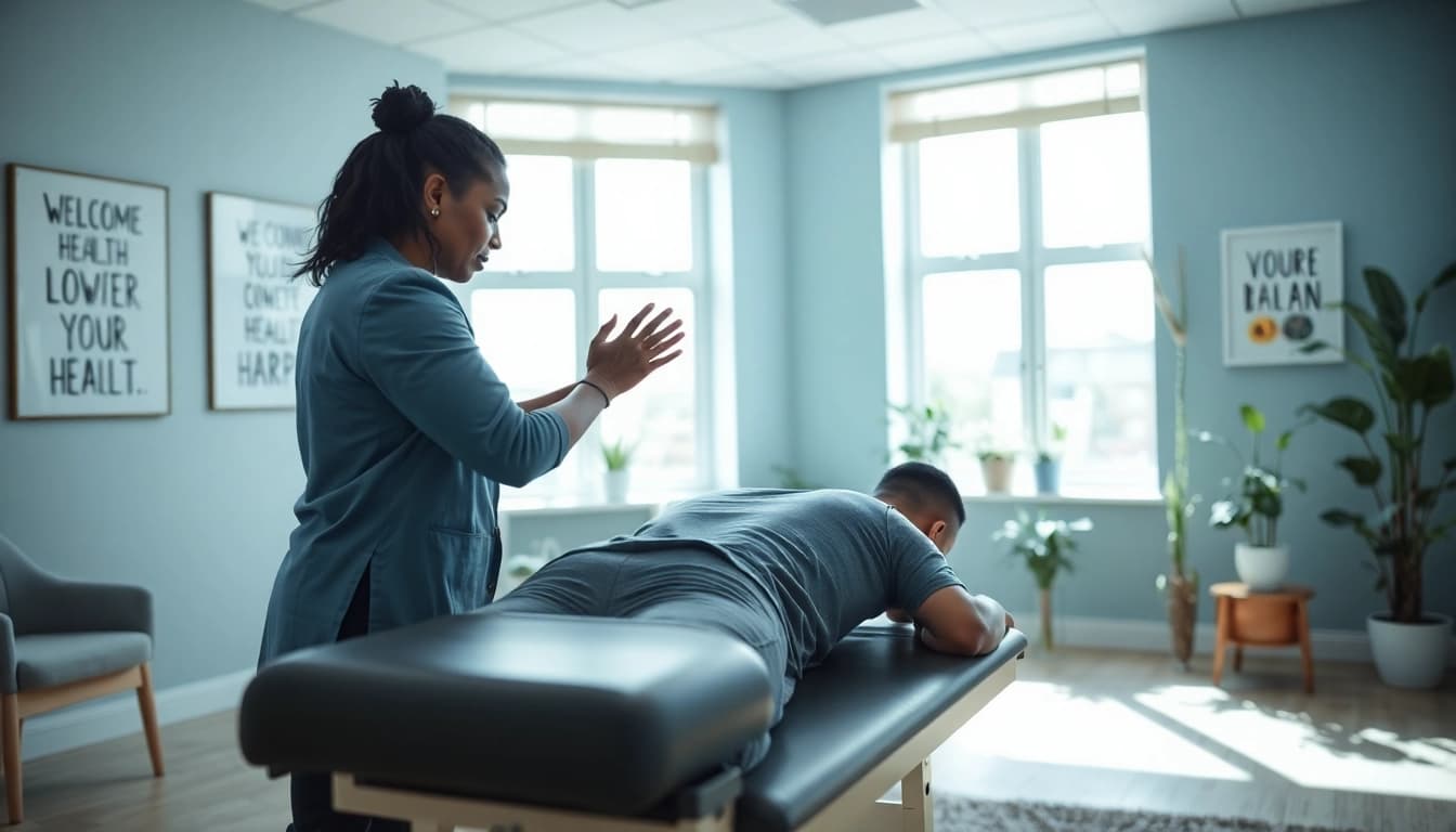 Effective lower back pain treatment demonstrated by a chiropractor in a bright clinic environment.