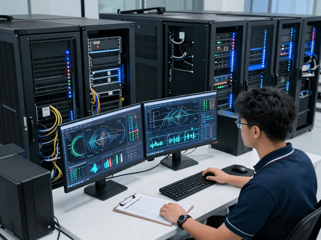 Technician managing rokok 88 server infrastructure in modern data center.