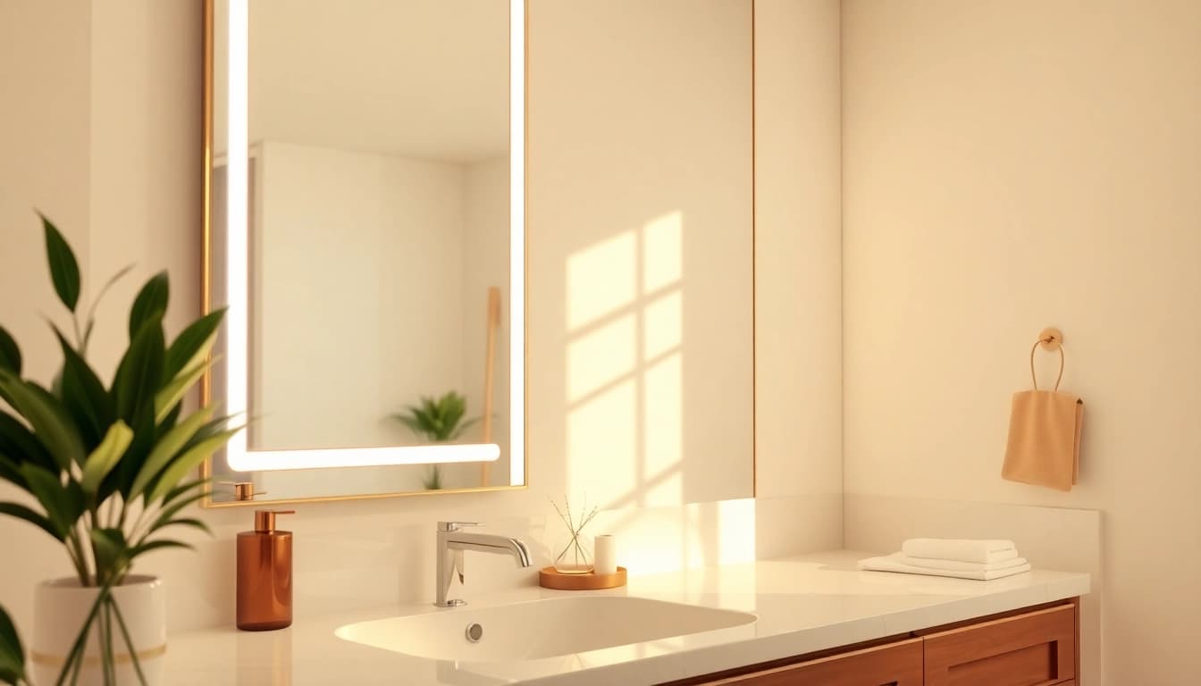 Illuminate your space with a sleek mirror and led lights enhancing modern aesthetics.