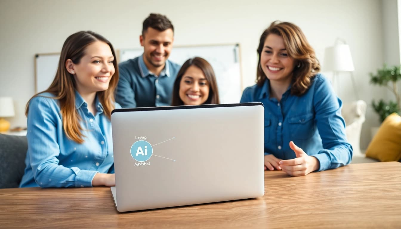 Engaging scene of AI assisted home warranty claims being processed in a modern office.