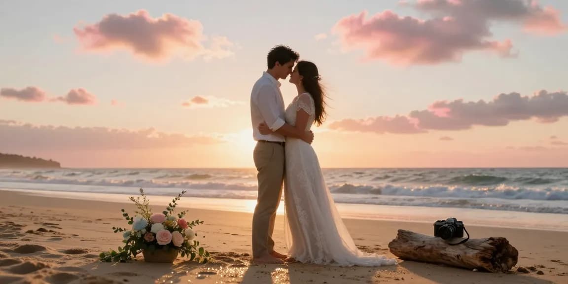 Wedding scene on Algarve beach at sunset, showcasing a couple's emotional embrace with dr 70 camera capturing their genuine connection.