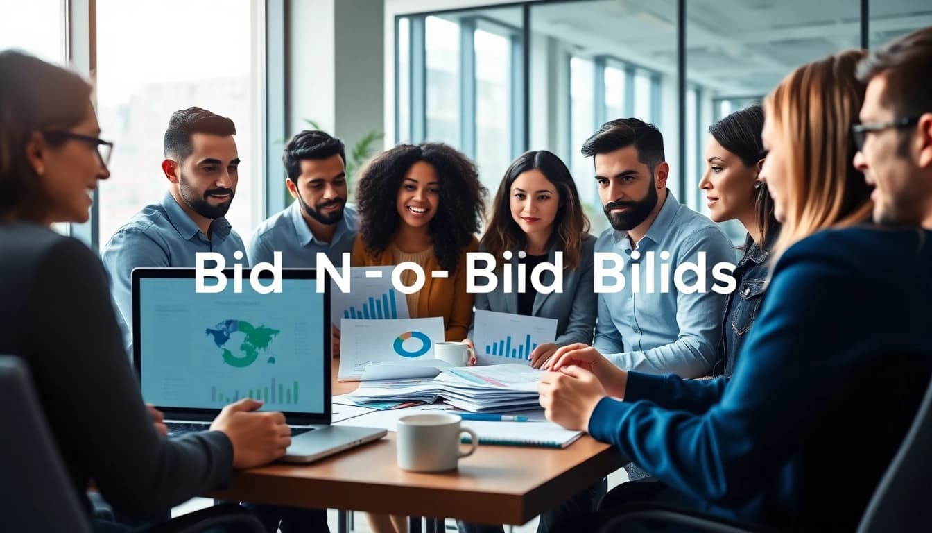 Collaborative team conducting Bid No Bid Analysis in a modern workspace, showcasing engagement and strategy.