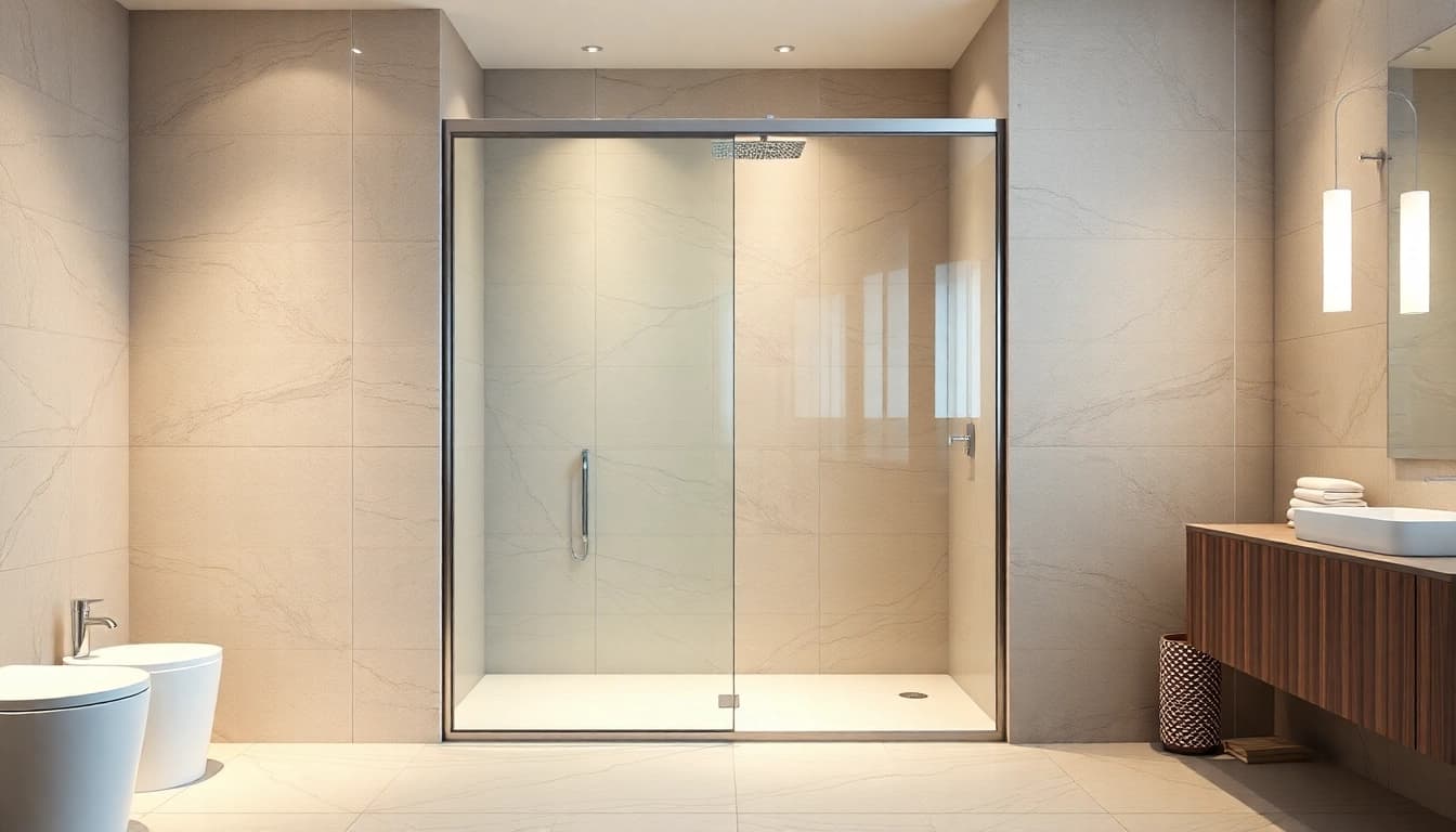 View the sleek shower screen sliding door enhancing modern bathroom aesthetics.