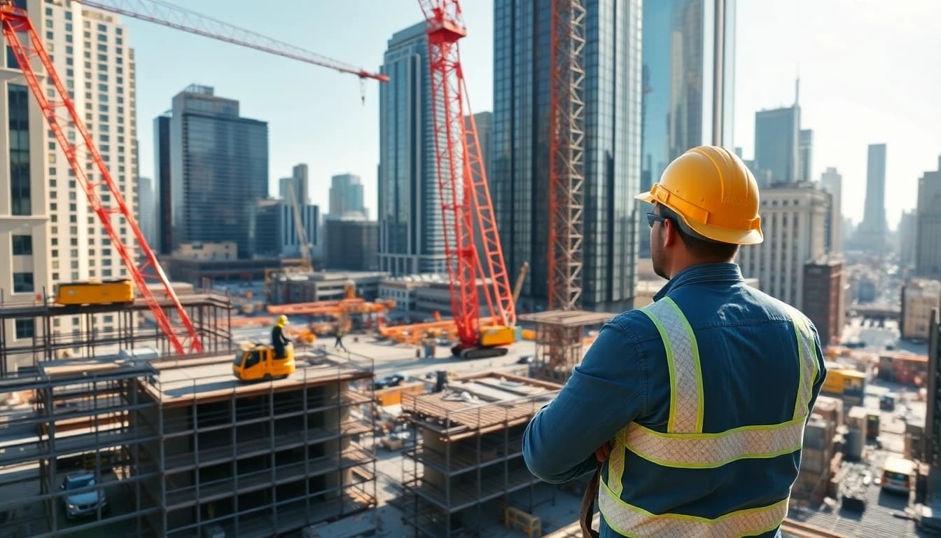 Manhattan General Contractor supervising a construction site with cranes and workers in action.