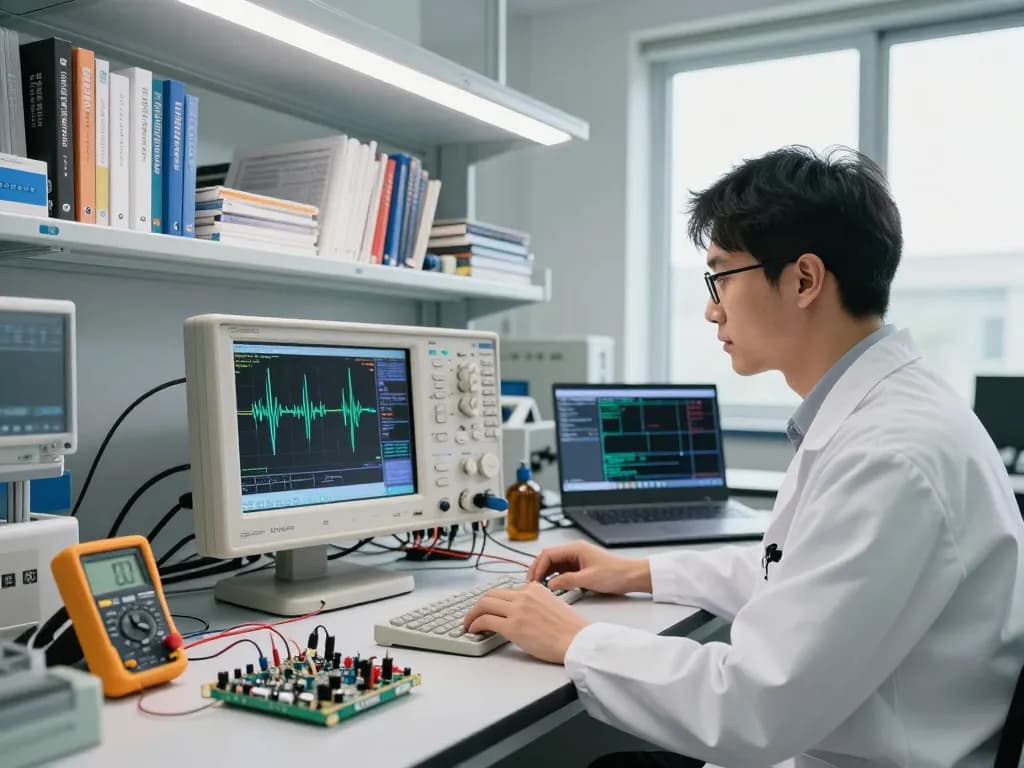 Engineer using a benchtop oscilloscope for labs in a well-equipped laboratory, analyzing waveforms amidst engineering tools.