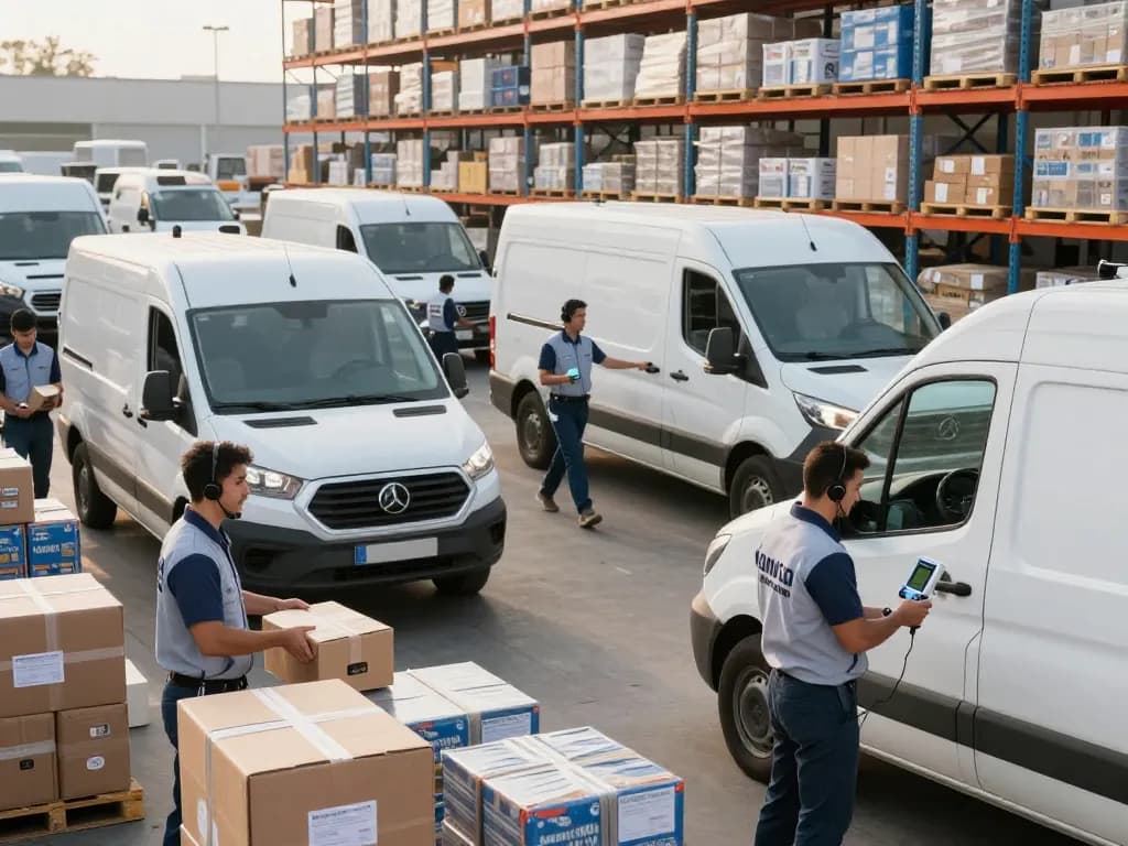 Efficient urban logistics scene showcasing same day couriers loading tracked delivery vans at a busy freight hub.