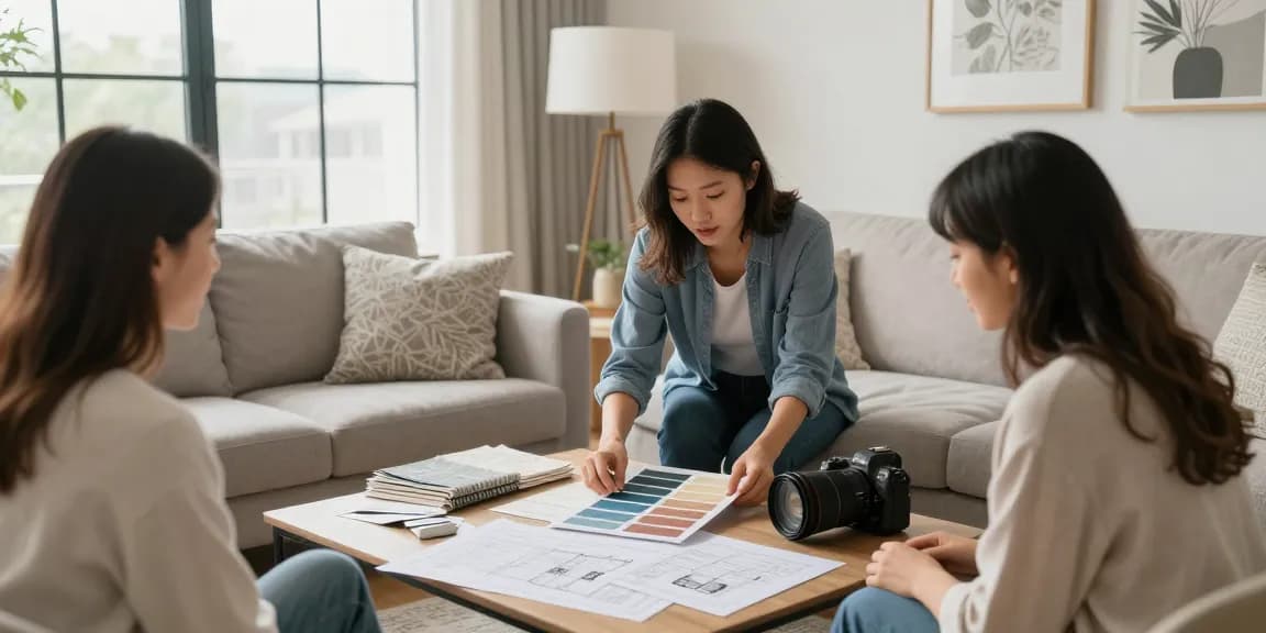 Renovation session with designer choosing paint colors in a stylish living room.