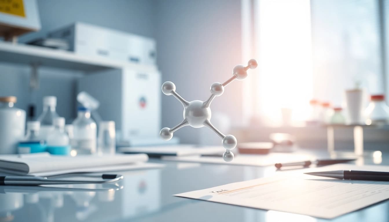 Tirzepatide molecular structure in a bright healthcare setting with research papers.