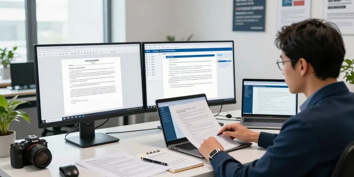 Document fraud detection analysis in a modern office with a compliance officer reviewing digital documents and forensic tools.