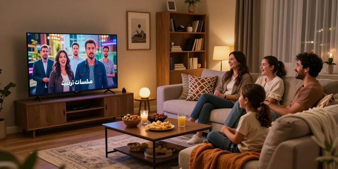 Family enjoying مسلسلات تركية together in a cozy living room setting with snacks and TV.