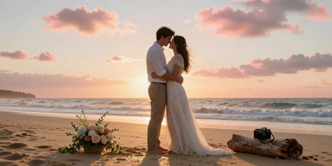 Wedding scene on Algarve beach at sunset, showcasing a couple's emotional embrace with dr 70 camera capturing their genuine connection.