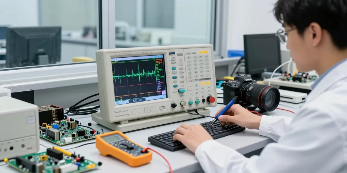 Technician measuring waveforms on a desktop oscilloscope in a bustling electronics lab filled with tools and components.