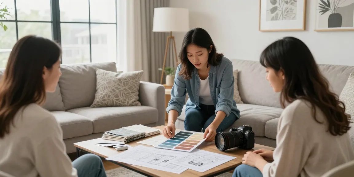 Renovation session with designer choosing paint colors in a stylish living room.