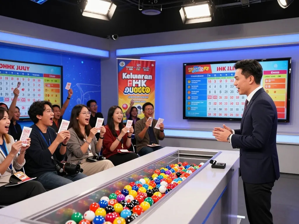Suasana undian langsung Keluaran HK Lotto yang menampilkan bola lotere yang cerah dan penonton yang antusias selama presentasi hasil.