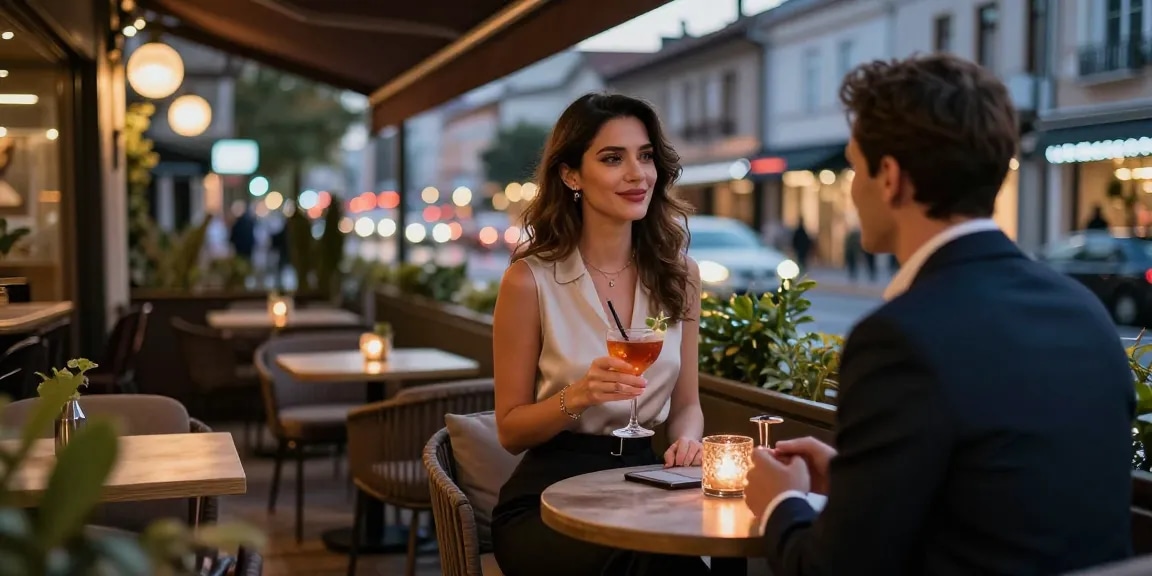 Elegant companion conversation scene in İzmit, highlighting izmit escort ambiance in a stylish café setting.