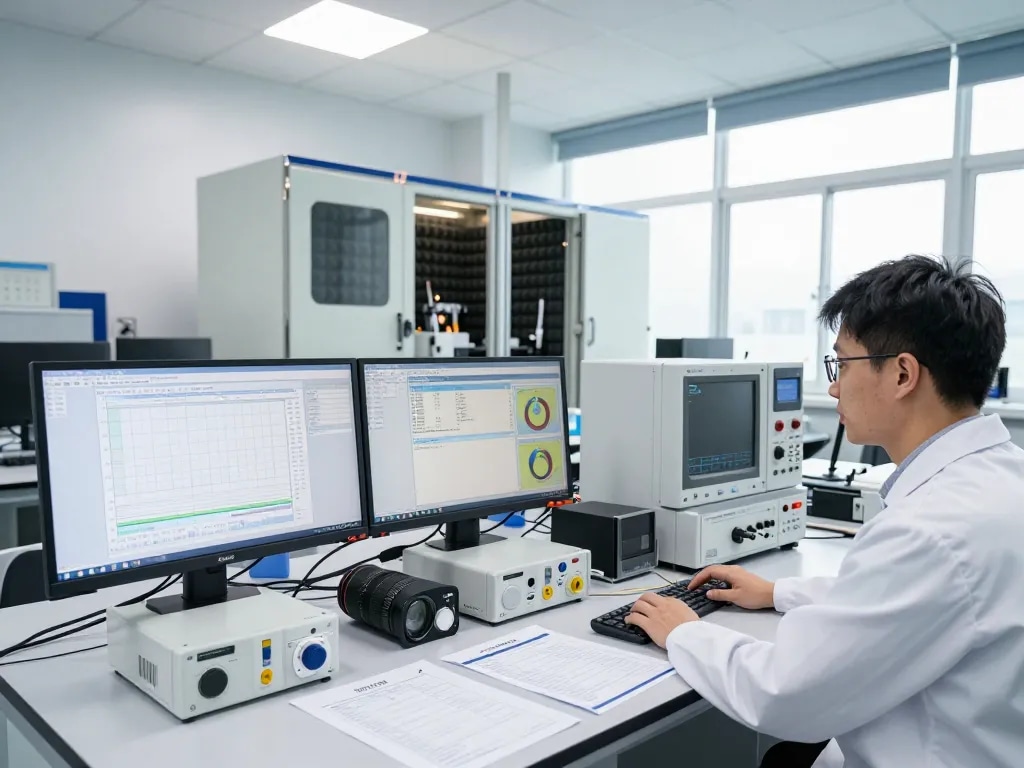 Professional engineer conducting FCC certification tests in advanced EMC testing lab