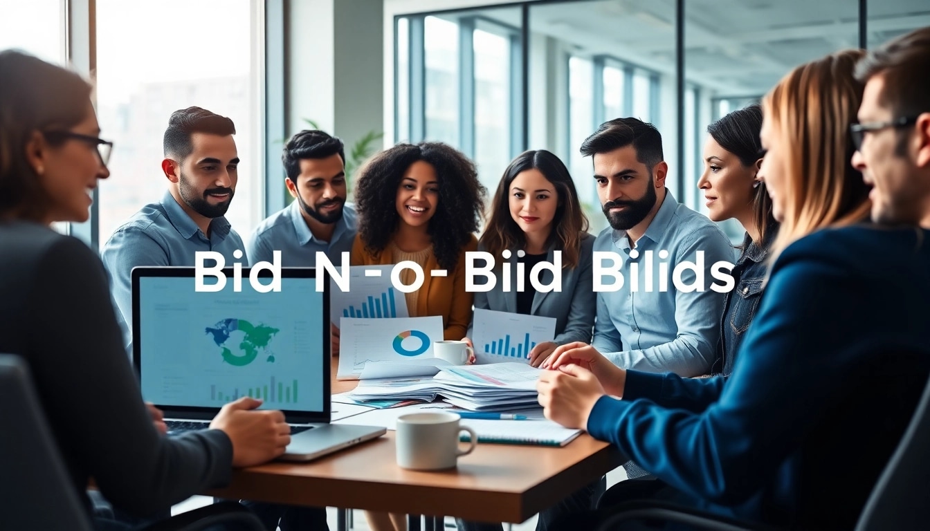 Collaborative team conducting Bid No Bid Analysis in a modern workspace, showcasing engagement and strategy.