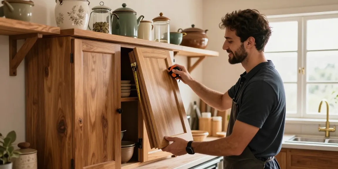 شراء مطابخ مستعملة بالرياض with a professional inspecting quality used kitchen cabinets in a rustic setting.
