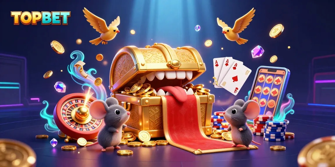 Play with TOPBET as golden coins and sparkling gems swirl around a treasure chest.