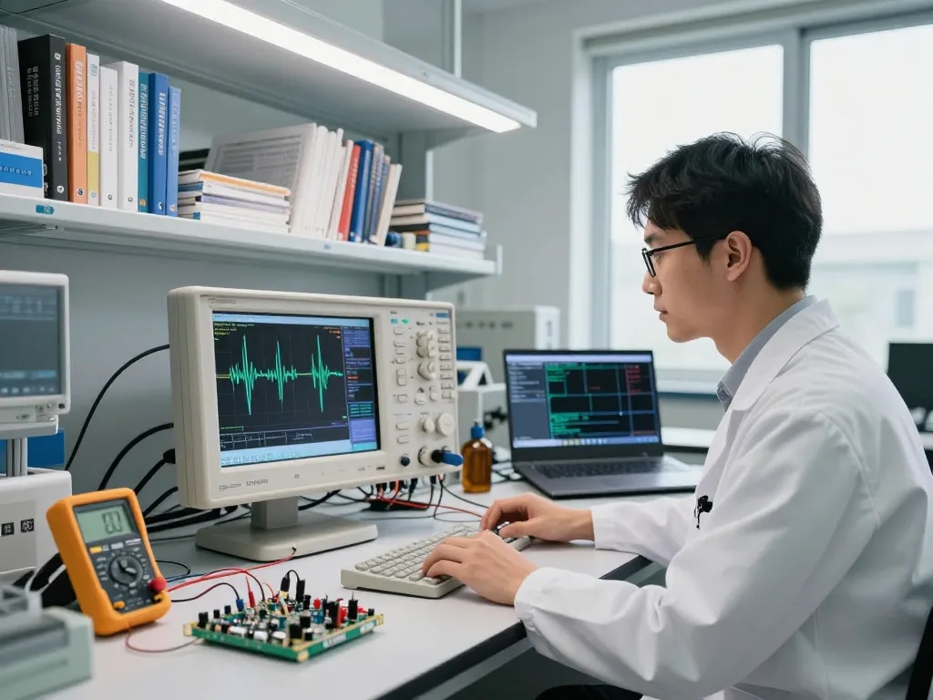 Engineer using a benchtop oscilloscope for labs in a well-equipped laboratory, analyzing waveforms amidst engineering tools.