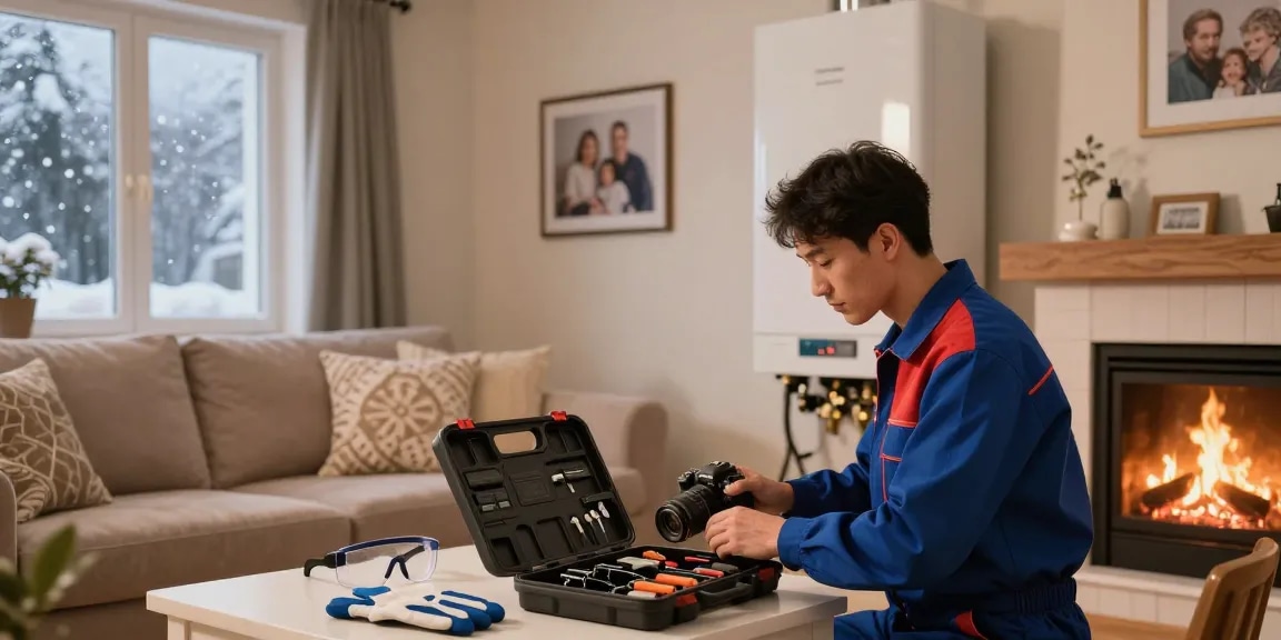 Professional technician providing van kombi servisi in a cozy living room during winter inspections.