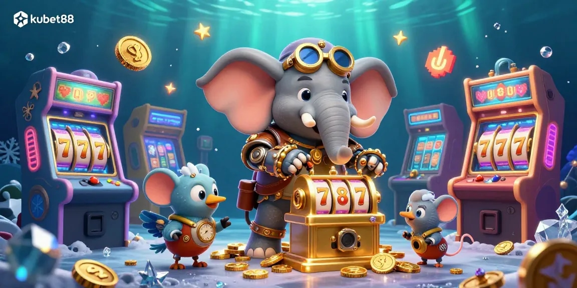 Engage with kubet88's vibrant 3D casino scene featuring steampunk elements and thrilling slot action.