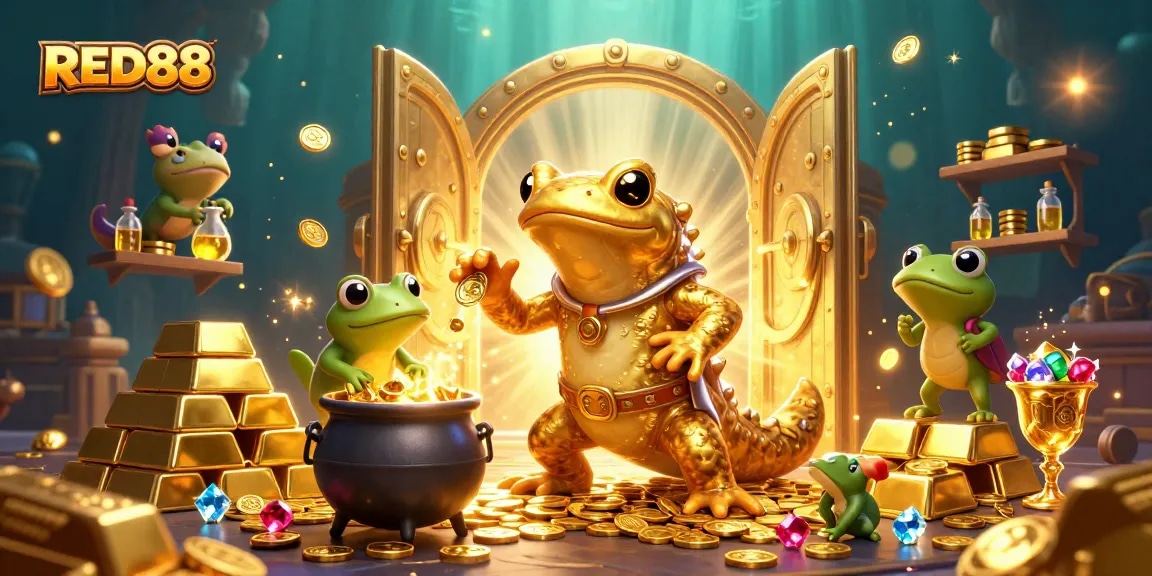 Experience thrilling wins at RED88 with golden treasures, enchanting characters, and vibrant casino elements.