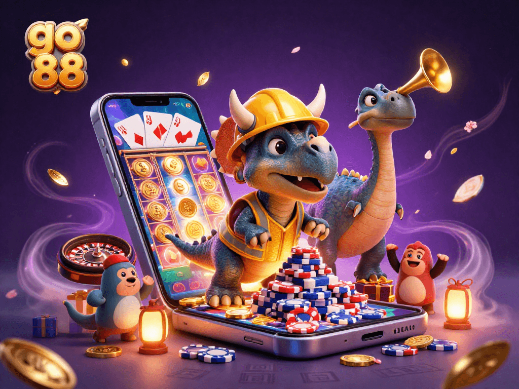 Engage with go 88 as a triceratops builds poker chip pyramid in a vibrant casino scene.