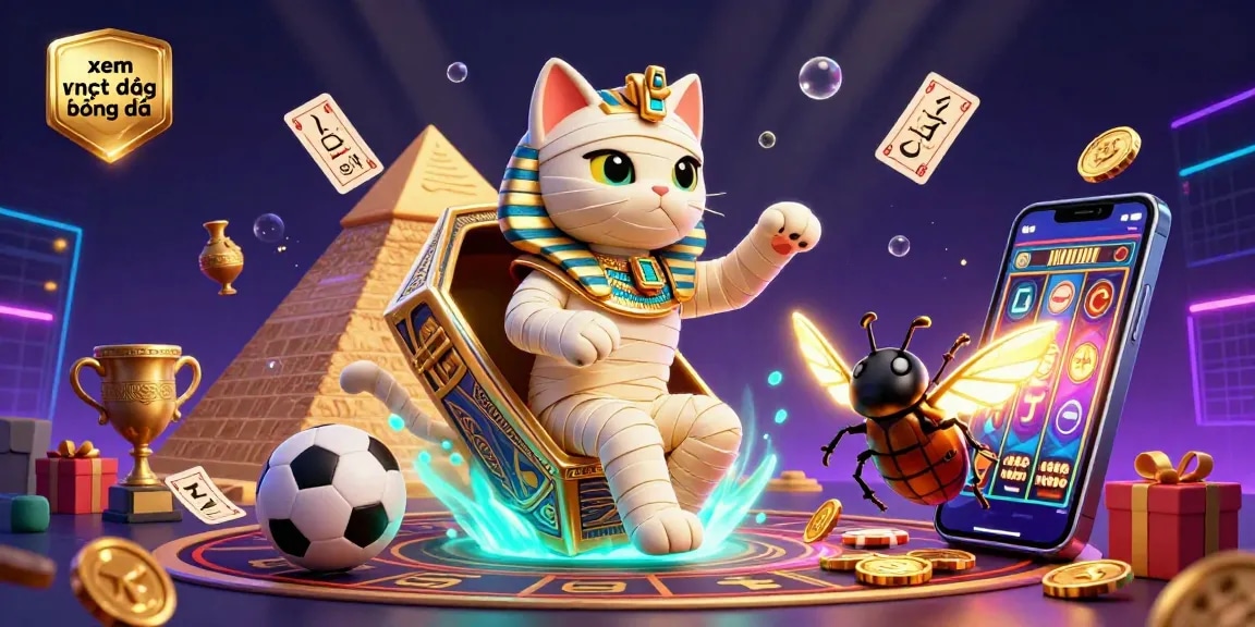 xem trực tiếp bóng đá in a vibrant casino scene with Egyptian mummy cat and sports betting elements