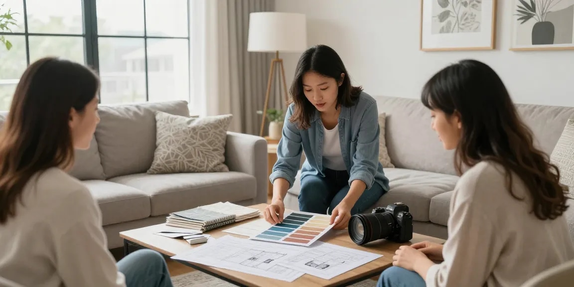 Renovation session with designer choosing paint colors in a stylish living room.