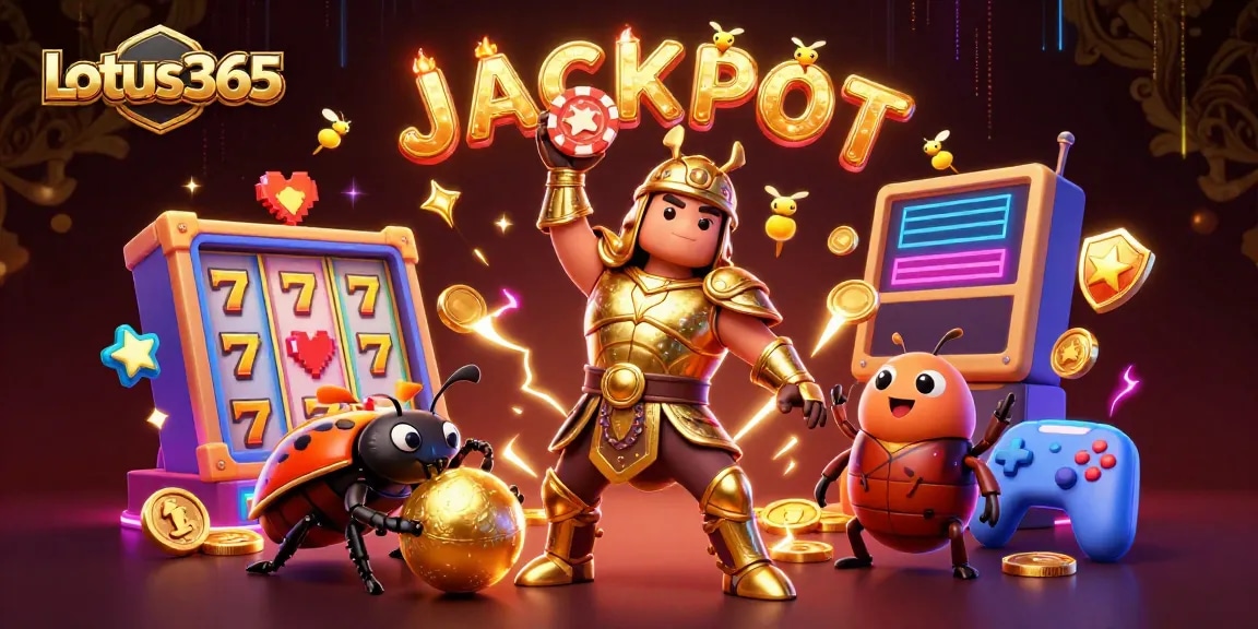 Experience thrilling wins with Lotus365 in this vibrant casino-themed illustration.