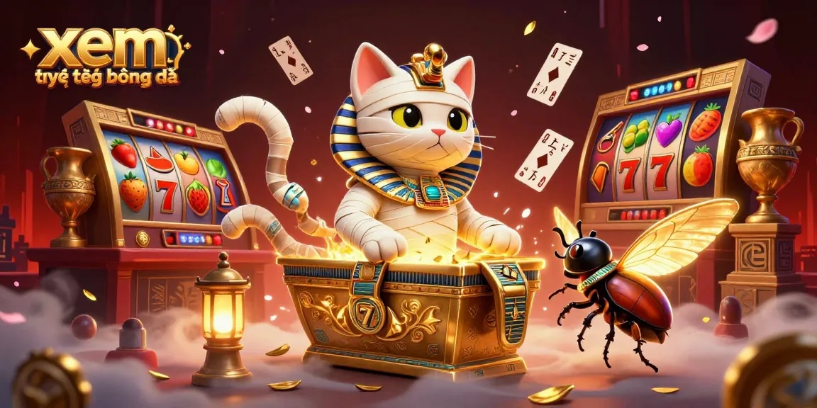 Engage in xem trực tiếp bóng đá with a vibrant, lively casino scene depicting a mummy cat and scarab beetle amidst glowing slot elements.