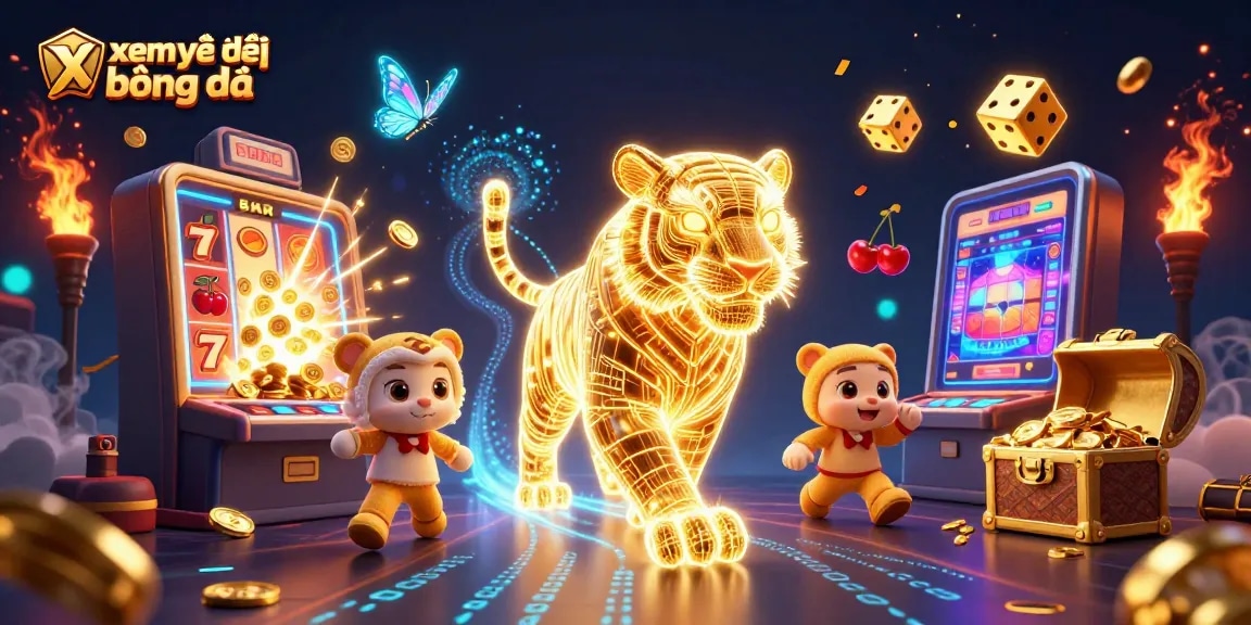 Xem trực tiếp bóng đá in a vibrant casino scene featuring a neon tiger and dynamic gaming elements.