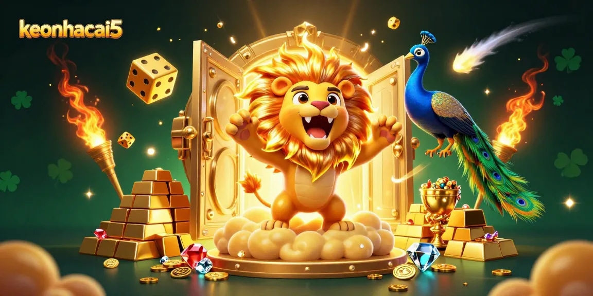 Experience keonhacai5 with the roaring sun lion and golden treasures in a thrilling casino scene.