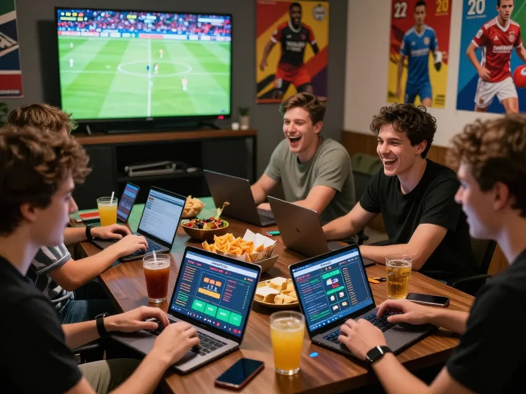 Engaged group of friends enjoying SBOBET88 live sports betting experience in a vibrant setting.