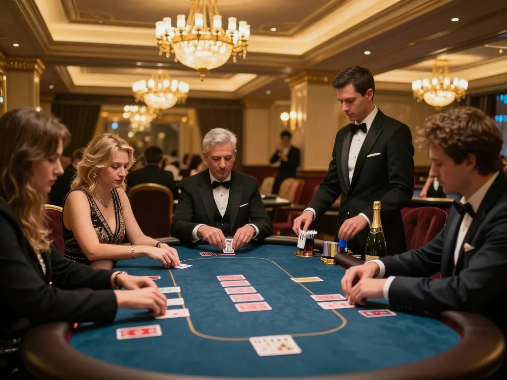 Engaged players at a man club poker table celebrating wins in a luxurious casino atmosphere.
