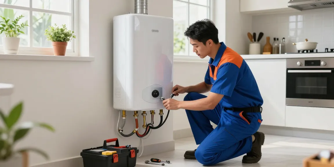 Electrician in Singapore installing a modern water heater, showcasing quality plumbing and electrical services.