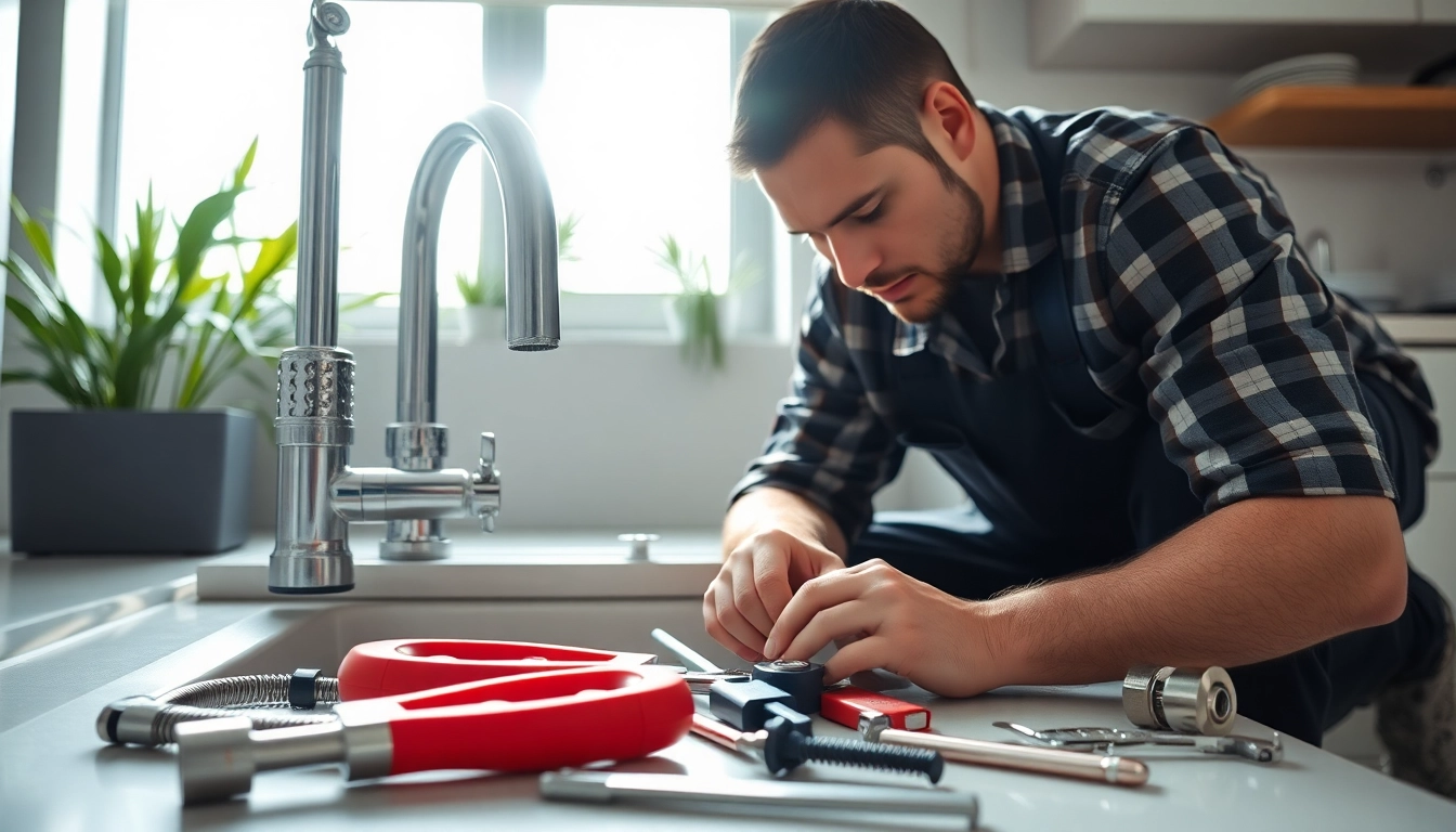 Hire a reliable plumber near me repairing a sink with expert tools.