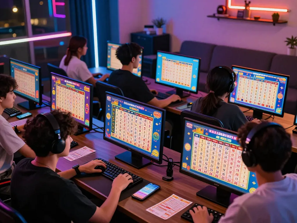 Pemenang Keluaran HK Lotto merayakan dengan layar digital yang menampilkan hasil undian langsung dan grafik berwarna-warni.