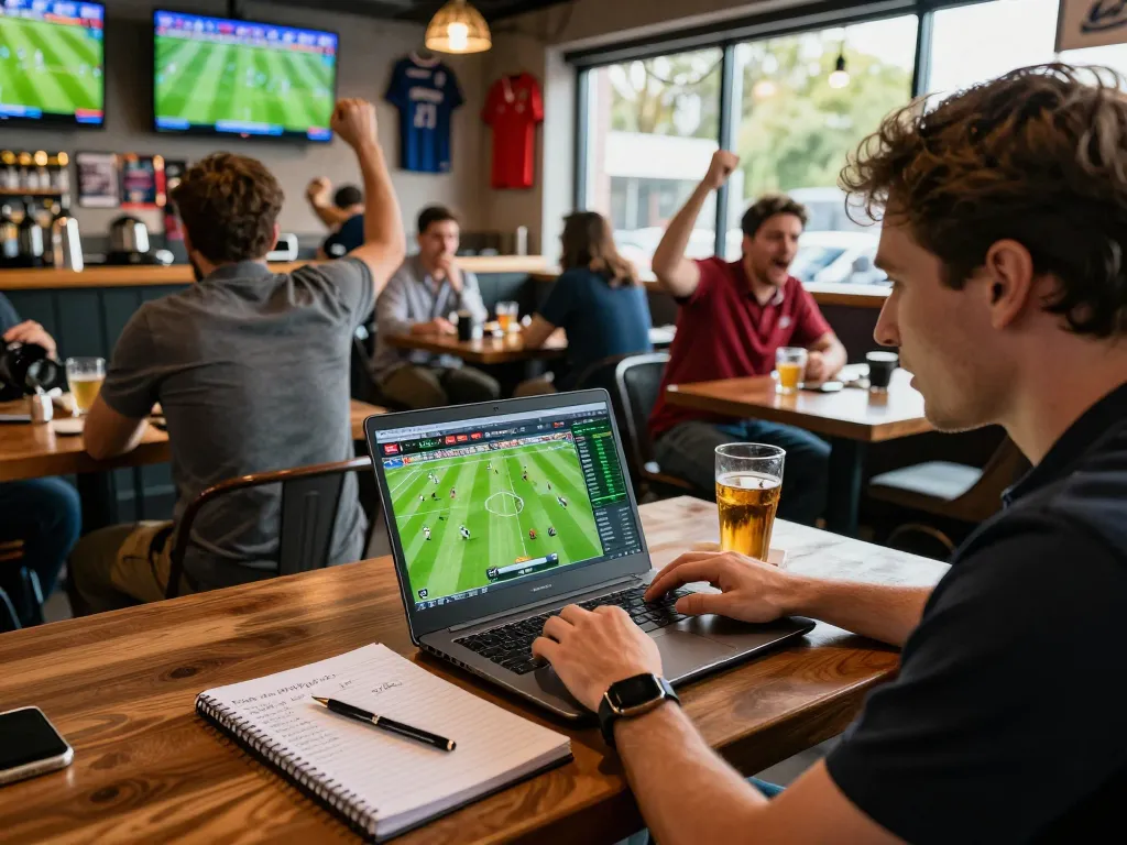 Football betting analysis at 1gom with fans cheering in a sports bar.
