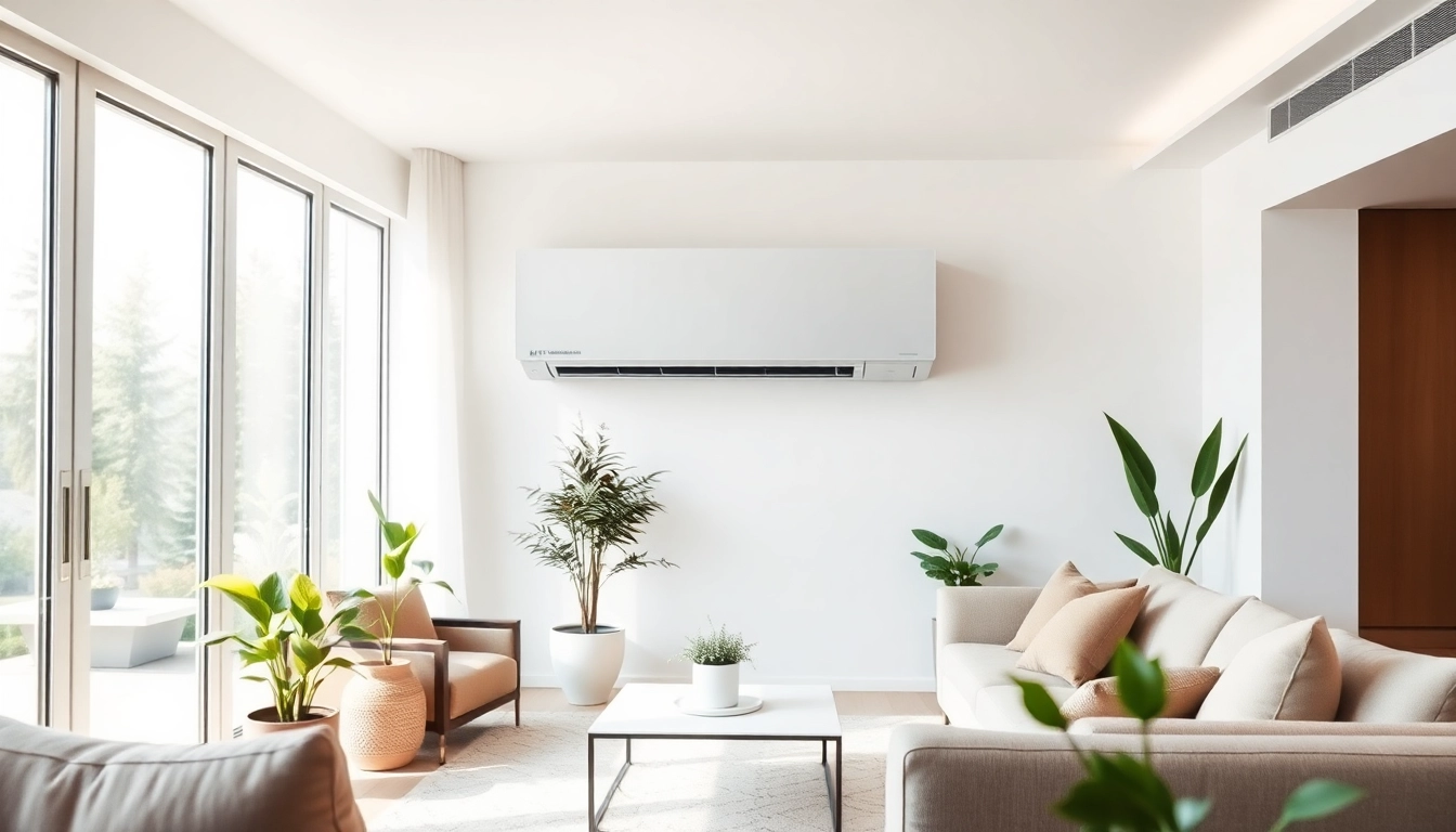 Optimize cooling with a Mitsubishi mini split AC in a modern living room, showcasing comfort and efficiency.
