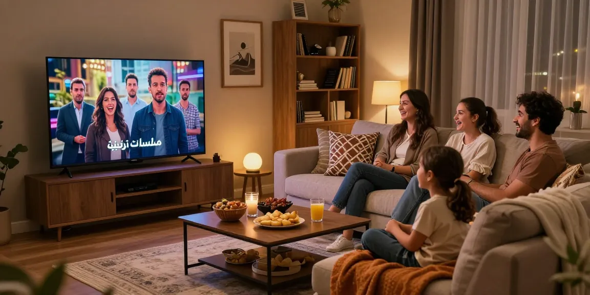 Family enjoying مسلسلات تركية together in a cozy living room setting with snacks and TV.