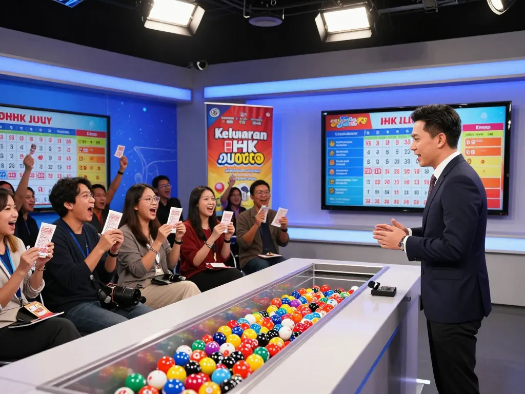Suasana undian langsung Keluaran HK Lotto yang menampilkan bola lotere yang cerah dan penonton yang antusias selama presentasi hasil.