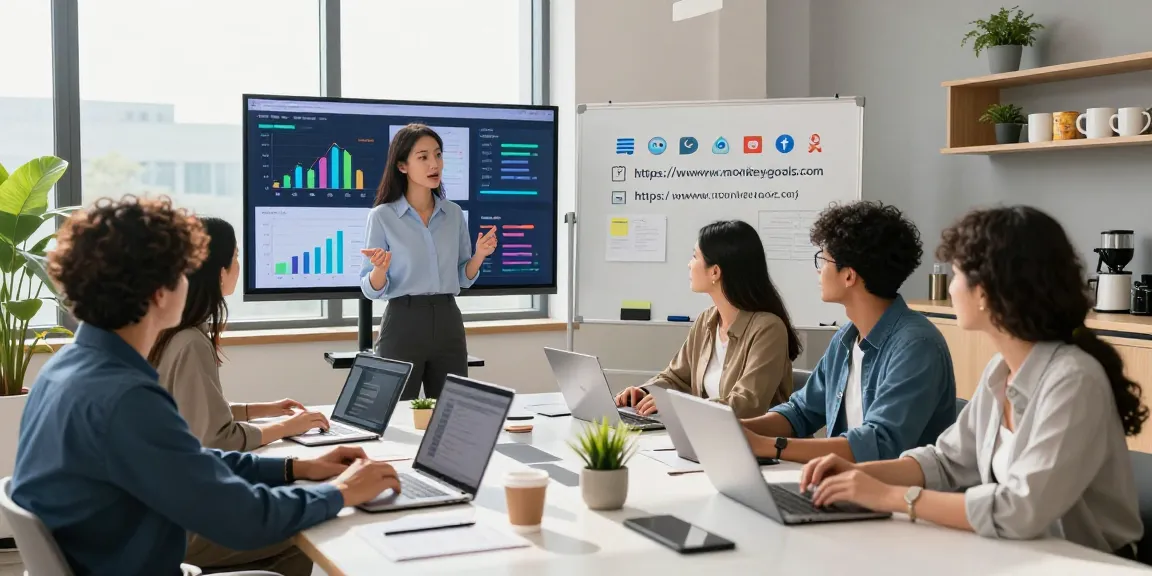Marketing team at a collaborative workspace engaged in strategy planning for https://wwww.monkeygoals.com with digital charts and teamwork.