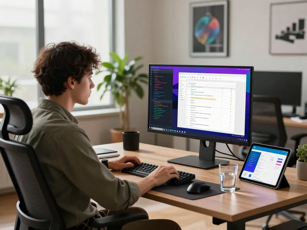 Engineer coding with WPS Office on dual monitors in a modern workspace.