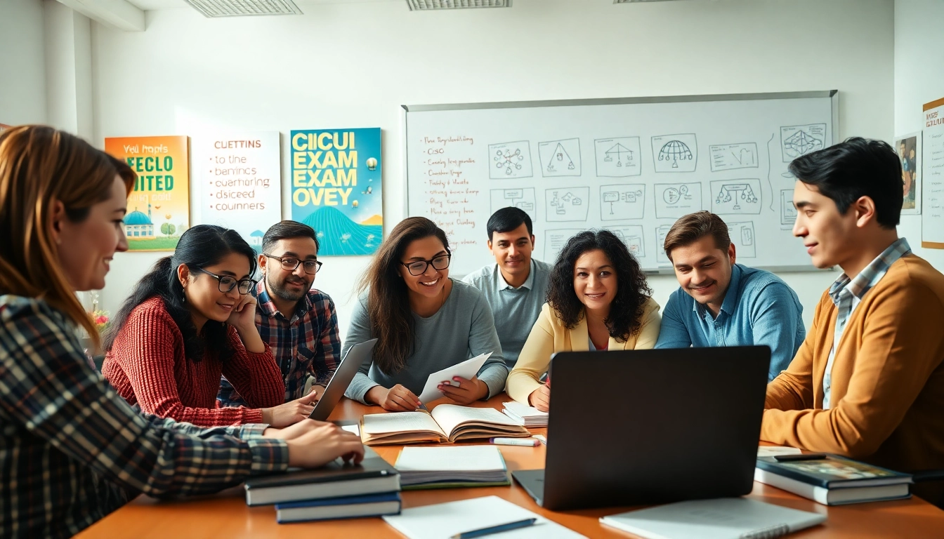 Cisco exam assistance in a collaborative study session with diverse individuals focused on exam preparation