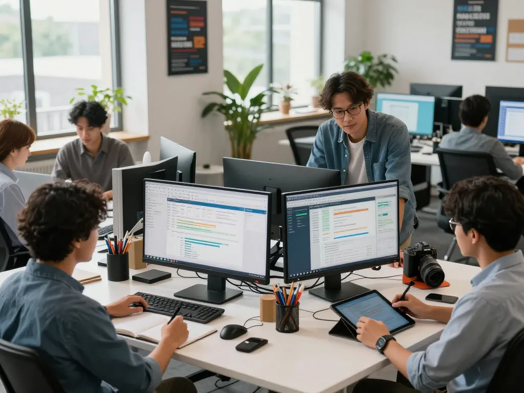 Engaged team of IT specialists collaborating with refurbished PCs in a modern workspace.